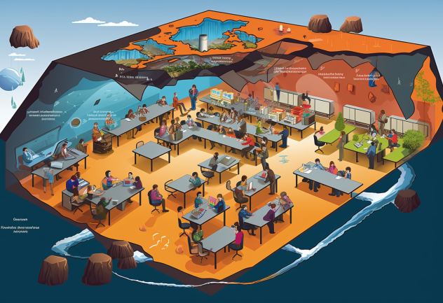 Generated by AI. A diagram of a classroom that is also layers of the critical zone